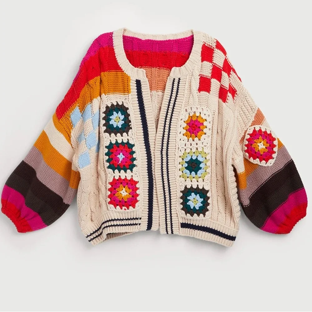 SAACHI Anthropologie Colorful Checkered Granny Square Cardigan Sweater